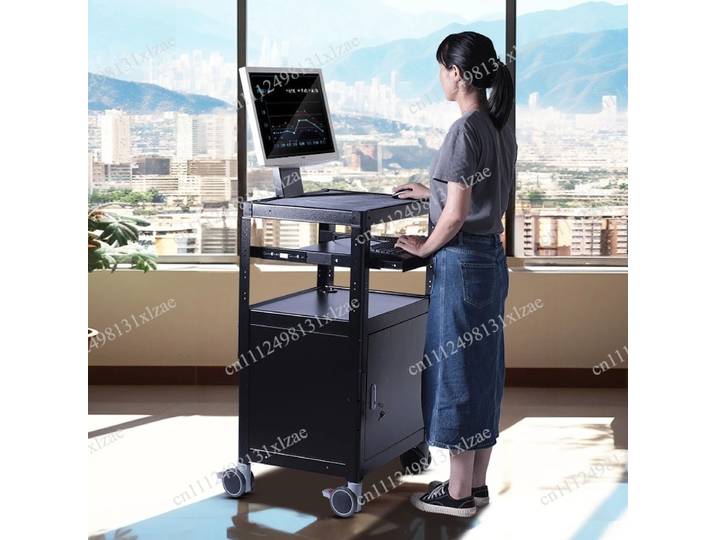 Chariot informatique à levage pneumatique - Support d'écran réglable, chariot de travail rotatif et réglable en hauteur pour salle informatique