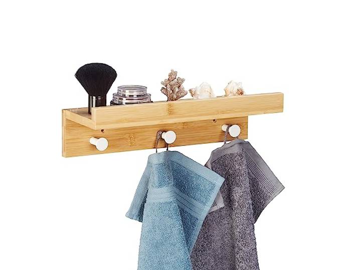 Relaxdays Étagère Murale avec Crochets\, Bambou\, HxLxP : 10 x 36 x 12 cm\, Salle de Bain\, entrée\, 3 patères\, Nature