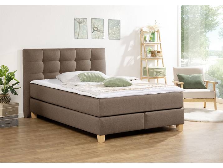 Boxspringbett, Samtstoff, Mittelbraun, 154×211 cm, Inkl. Topper, Modern, Home Affaire