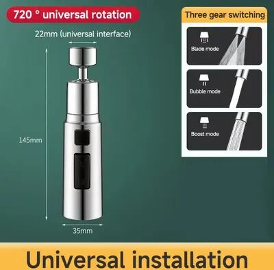 Perfect Picks Market Water Saving Faucet Extender With Three Spray Modes Metal Alloy Head silver
