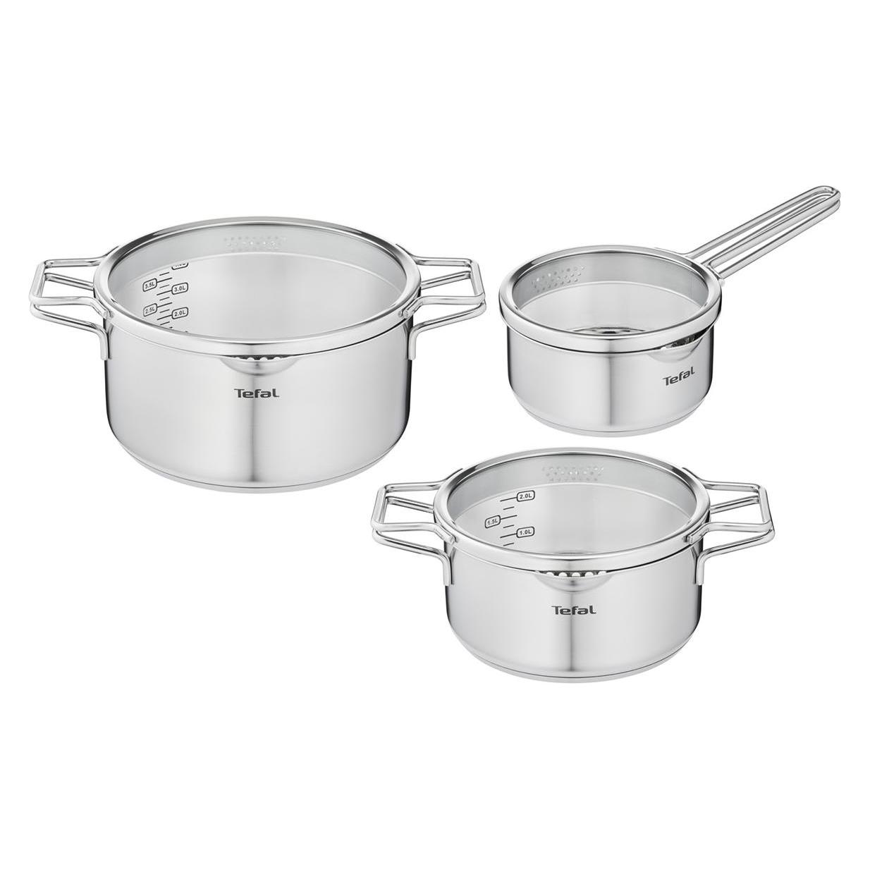 Tefal Nordica Kochgeschirr-Set 6-teilig, Edelstahltöpfe, Siebeinsatz-Deckel (H852S3)