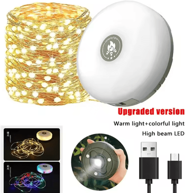 Uplift Curations 4 in 1 LED Camping String Lights With Retractable Reel & USB Recharge warm + Rgb