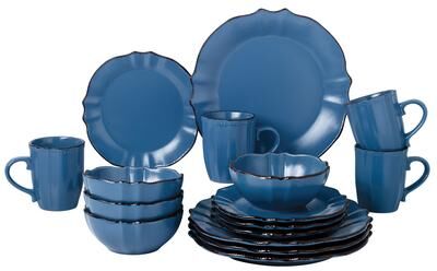 Lorren Home Trends 16 Piece Scalloped Edge Yale Blue Dinnerware