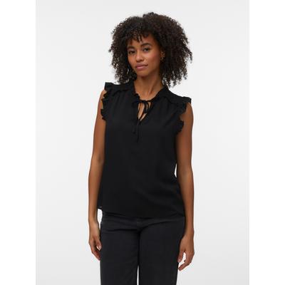 Rüschentop VERO MODA "VMALBA SL FRILL TOP WVN NOOS", Damen, Gr. XS, schwarz, Jersey, Obermaterial: 100% Viskose, unifarben, normal, Rundhals, Tops Rüschentop, Viskose