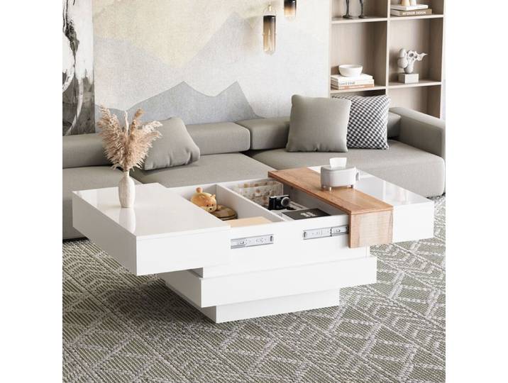 OKWISH Table Basse Extensible 70x70x39 cm avec Rangement caché et Finition Brillante Couleur Blanche et Bois
