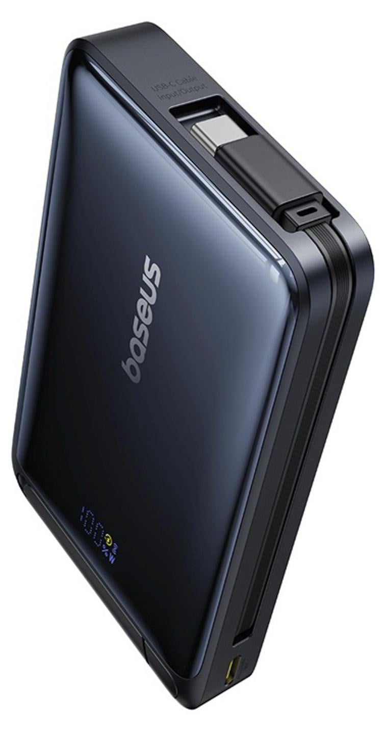 Baseus Nomos Powerbank 10000mAh 30W Qi2 met standaard, compatibel met MagSafe, met ingebouwde USB-C kabel - zwart