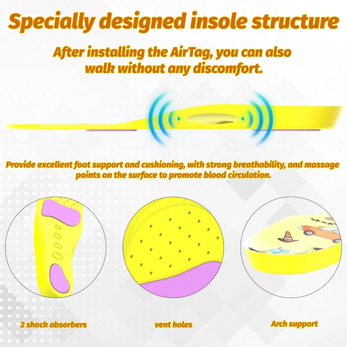 INF Support de semelles à motifs compatibles avec AirTag - Semelles en PU respirantes et amortissantes avec points de massage, S