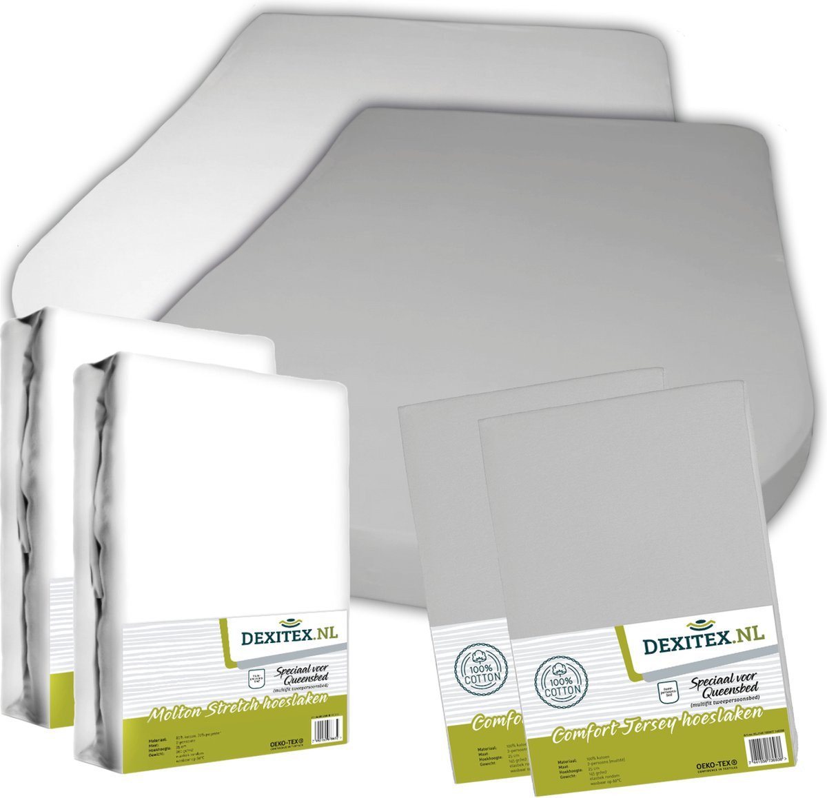 Dexitex Set van 2 Jersey Hoeslakens en 2 Molton Pakketten voor Queensbed/Eilandbed, Licht grijs