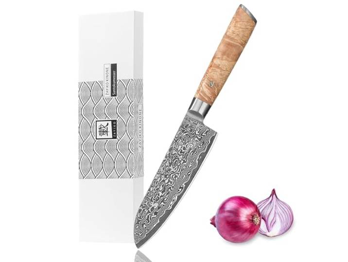 zayiko Damast Santokumesser Klinge 17 cm I aus 67 Lagen I Damastmesser Küchenmesser aus echtem schwarzen Damaststahl mit Wurzelholzgriff Birke Serie Kinone