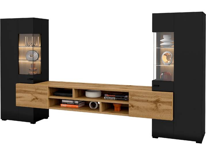 Wohnwand HOME AFFAIRE Coby , schwarz (schwarz, eichefarben wotan), B:270cm, Kastenmöbel-Sets, Wohnwand, Breite 270 cm