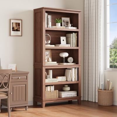 "Garvee 71"" Farmhouse Bookshelf with Adjustable Shelves, 5 Tier Tall Bookcase with Wood Legs"