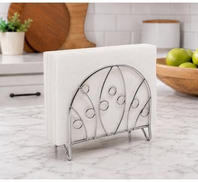 Home Mart Goods "Decorative Chrome Metal Napkin Holder with Leaf & Circle Design – Freestanding Tabletop Napkin Organizer - 5.7"" x 5.3"" x 2.5"""