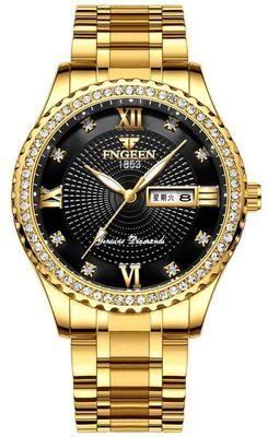 United Mens Quartz Watch With Luminous Display, Stainless Steel Band & Gold Black Dial all Gold Black Surface