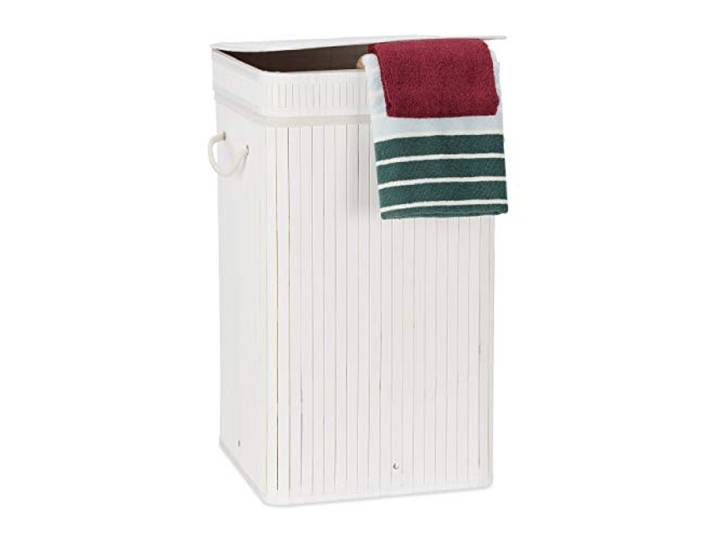 Relaxdays Corbeille à Linge Pliable\, Bambou\, avec Anse\, 70 litres\, Couvercle\, HxlxP 63 x 36 x 36 cm\, Blanc