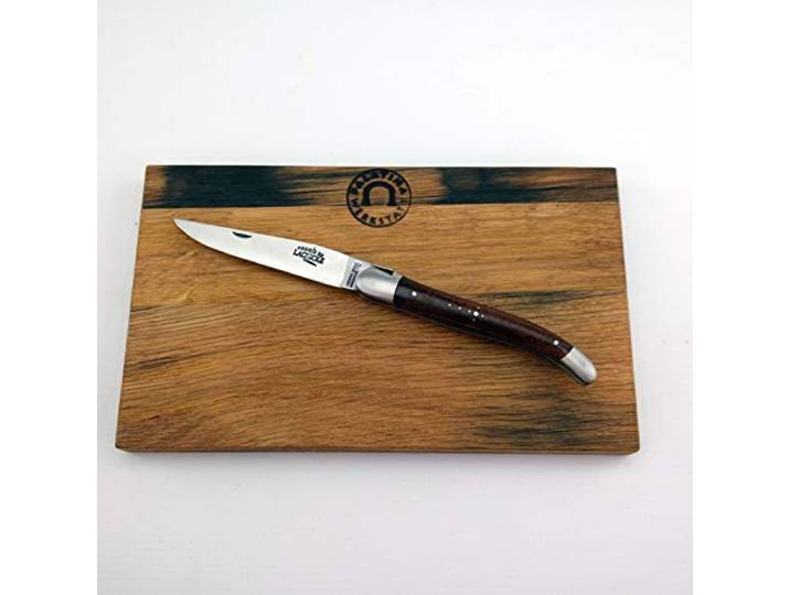 Forge de Laguiole Geschenkset, Taschenmesser mit 11 cm Klinge (Matt), Griffschale Thuja+ Vesperbrett aus Fassholz (Eiche) 25x15