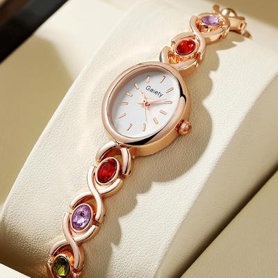 Youfap Market Elegant Temperament Rhinestone Quartz Watch For Ladies, Retro Oval Dial Fashion Casual Timepiece rose