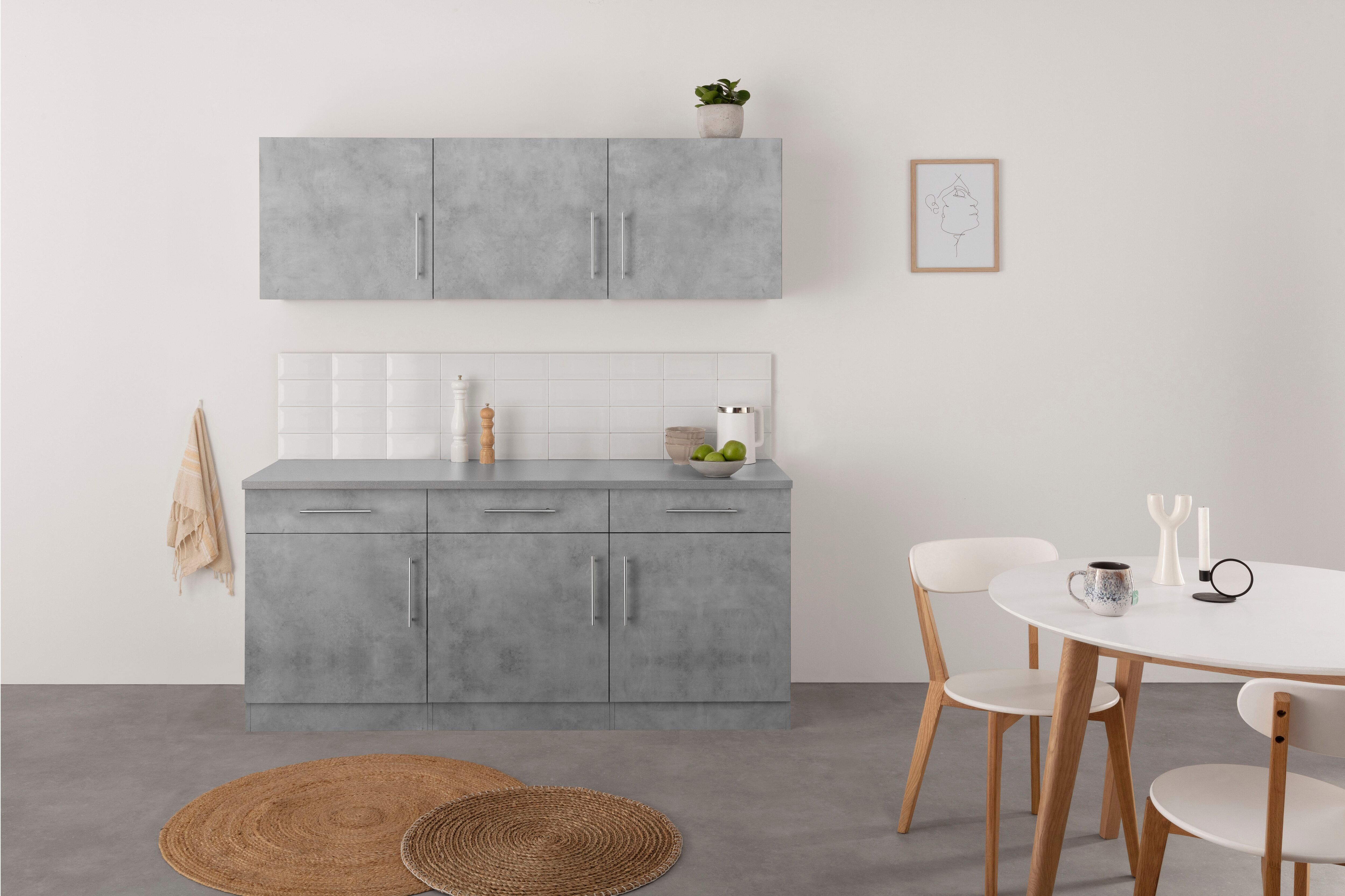 Küche WIHO KÜCHEN "Cali", grau (küche: grau, front: betonfarben, korpus: betonfarben, arbeitsplatte: canvas grau), B:180cm T:60cm, Komplettküchen-Sets, Küche, ohne E-Geräte, Breite 180 cm
