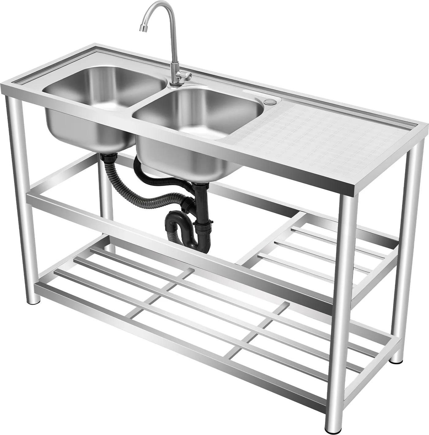 Küchenspüle - Doppelbecken Edelstahl 120 cm - Mit Wasserhahn - Verstärkte Ausführung - Tragkraft 100 kg - Geruchsdichter Ablauf - Silber