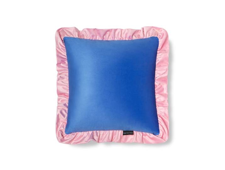 Coussin en velours avec volant plissé, rose et bleu