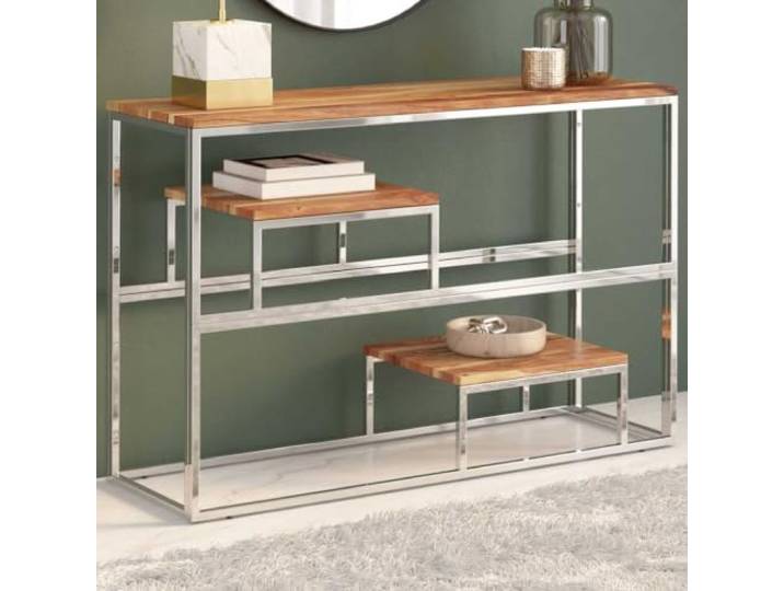 smnyxs Konsolentisch aus Edelstahl und massivem Akazienholz Akazienholz, Edelstahl, schlichtes Design, pflegeleicht, vielseitig einsetzbar