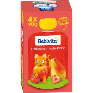 Bebivita Fruchtpüree Erdbeere in Apfel Birne,100% Frucht, Apfel, Birne & Erdbeere, je 90 g, 4 Stück