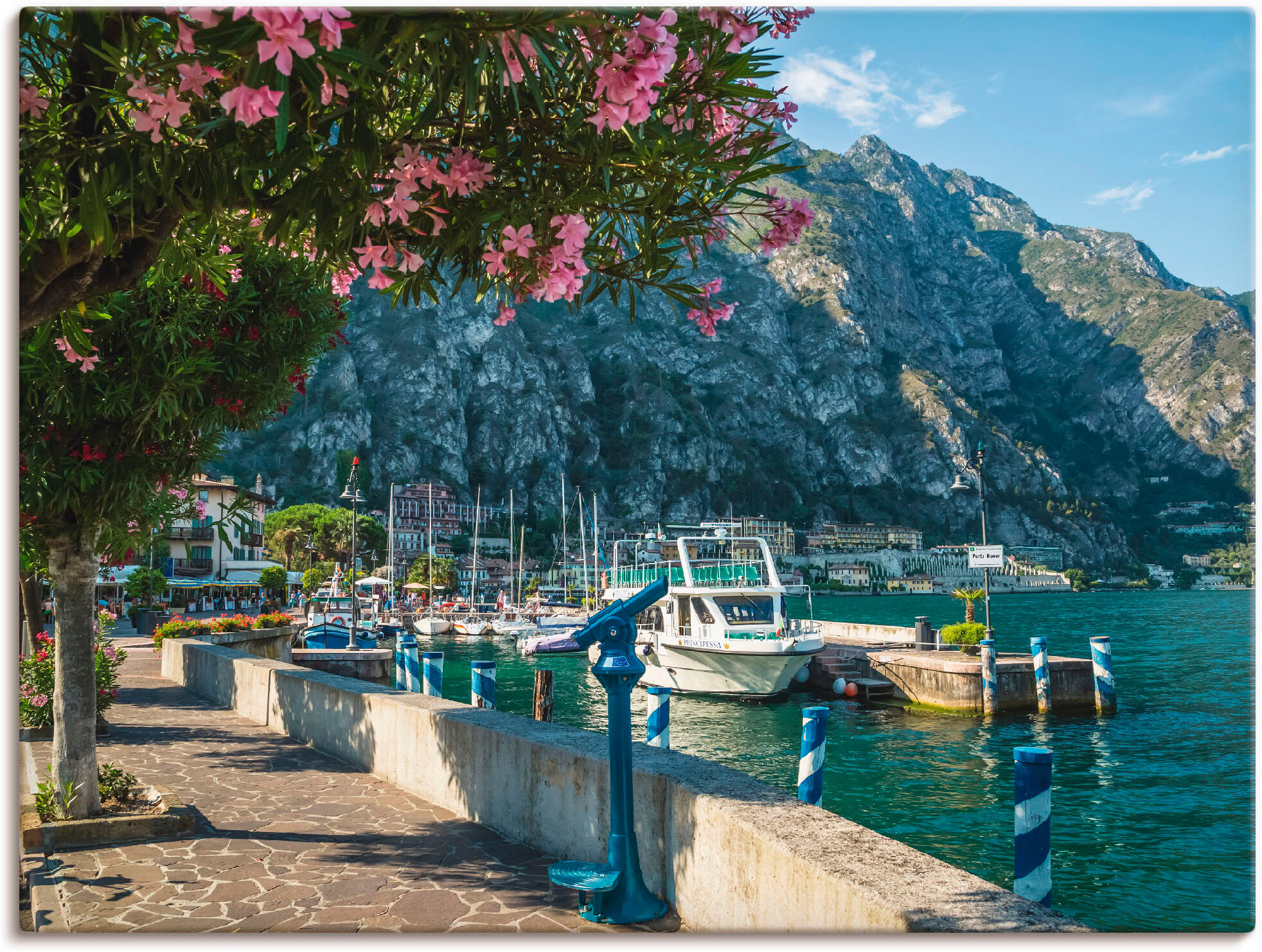 Leinwandbild ARTLAND "Gardasee Hafen Limone sul Garda I", blau (farbe bild(er): blau), B:80cm H:60cm, Bilder, Leinwandbild, auf Holzrahmen gespannt farbe bild(er): blau B/H/T: 80cm x 60cm, Leinwandbild Europa Querformat, 1 Stk.