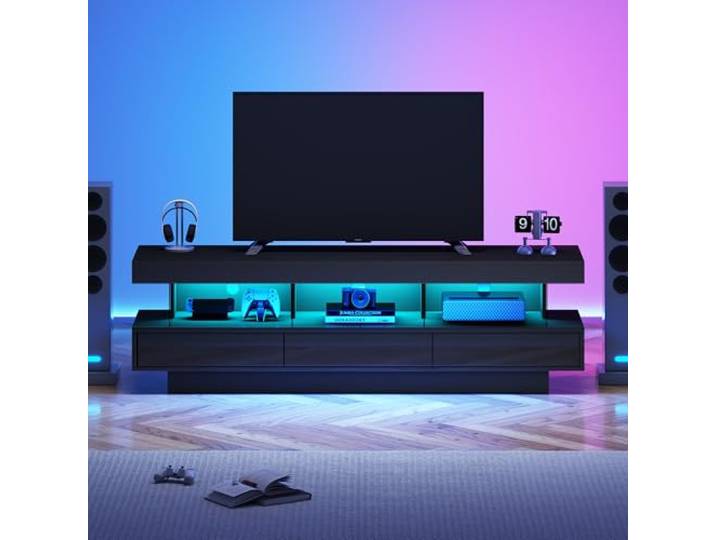 FammyLoft 160cm Hochglanz TV Schrank mit 3 Glasablagen, TV Board mit Stauraum, Moderner Fernsehschrank mit LED-Beleuchtung, App-Steuerung Fernseher Schrank für Wohnzimmer, Schwarz