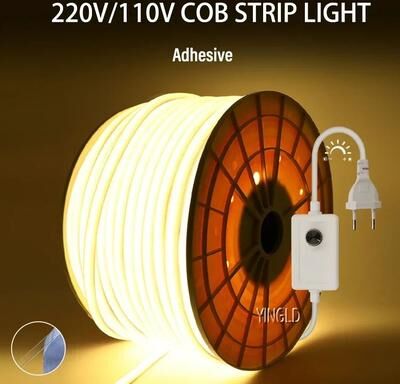 Uplifted Goods Flexible COB LED Strip Light For Indoor And Outdoor Lighting white (6000k) eu Plug 220v Switch 40m