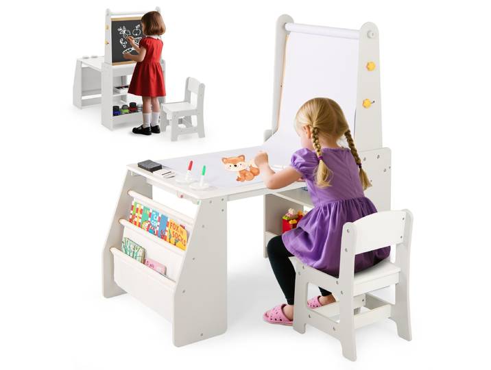 Kinderkunsttafel- en Stoelen set Kindertafel met Ezel & Stoel Whiteboard & Krijtbord Grijs