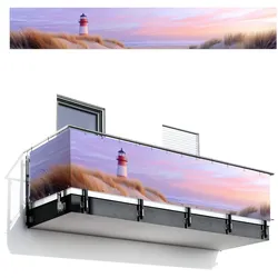 BALKON-SICHTSCHUTZ Leuchtturm - Dünen - Sonnenuntergang Groß 500x80 cm