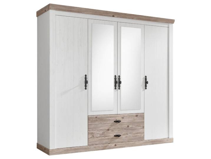 Mid.you Kleiderschrank, Pinien, Hellbraun, 6 Fächer, 2 Schublade(n) Schubladen, 217x201x60 cm, Beimöbel erhältlich, in verschiedenen Größen Schrankfront mit Spiegel, Schlafzimmer, Kleiderschränke, Kleiderschränke 4-türig