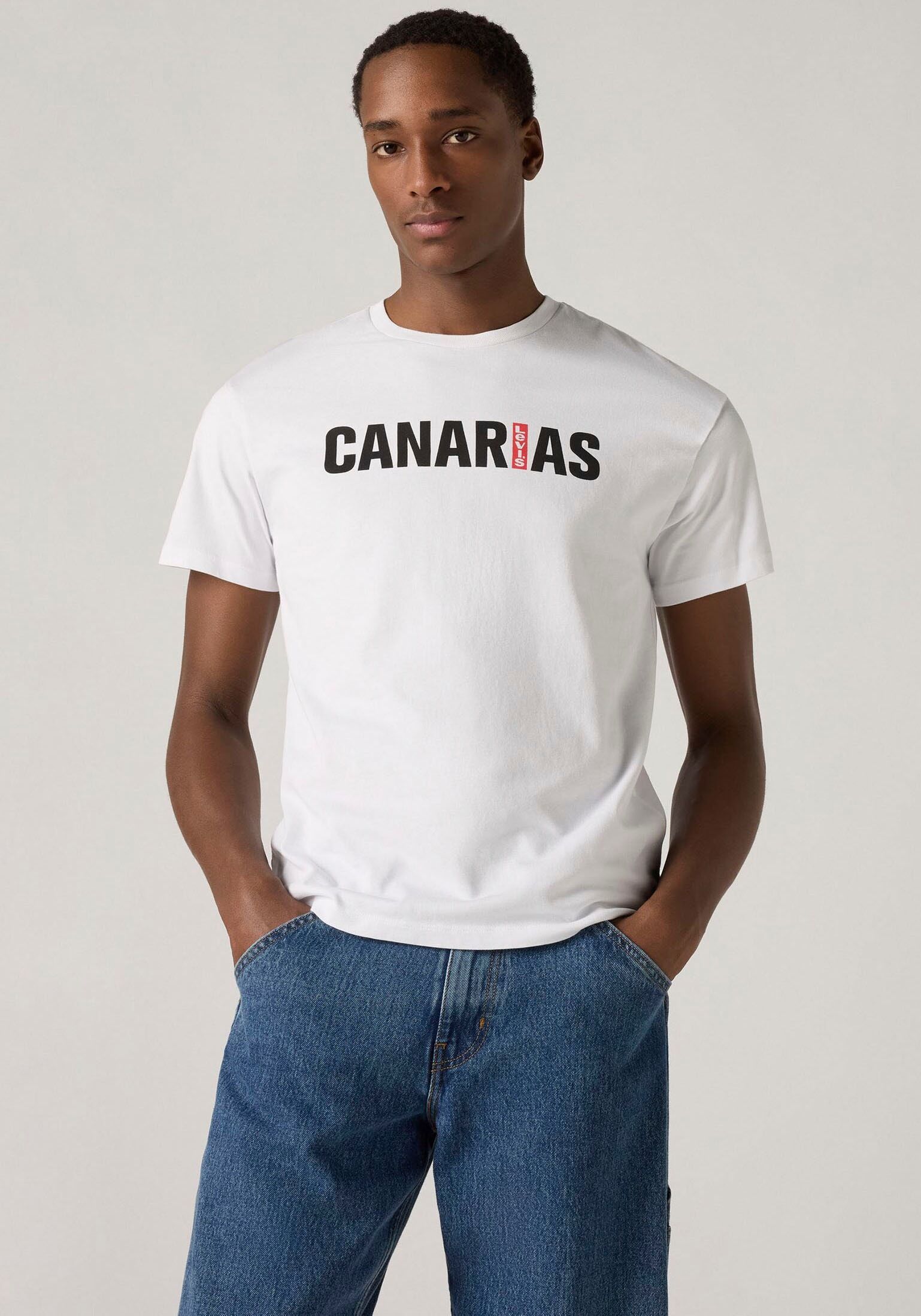 Print-Shirt LEVI'S "Levi's Original Housemark T-Shirt Canarias", Herren, Gr. XXL, weiss (levi canarias bright 2), Jersey, Obermaterial: 100% Baumwolle, gerade hüftbedeckend, Rundhals, Shirts Print-Shirt, mit Print levi canarias bright 2 XXL