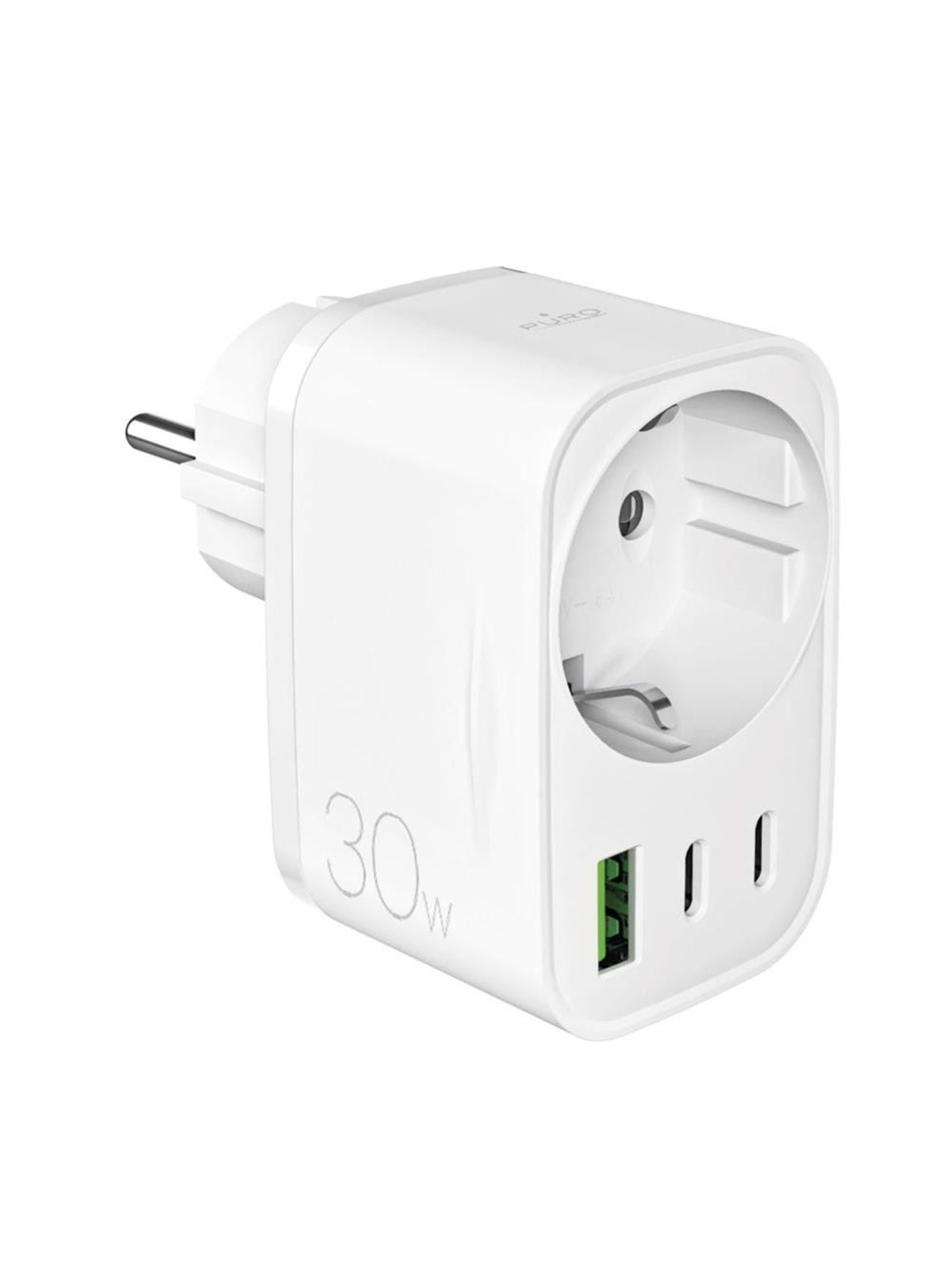 Puro 30W Power Delivery Charger with Schuko Plug and Socket 2x USB-C + 1x USB-A - White