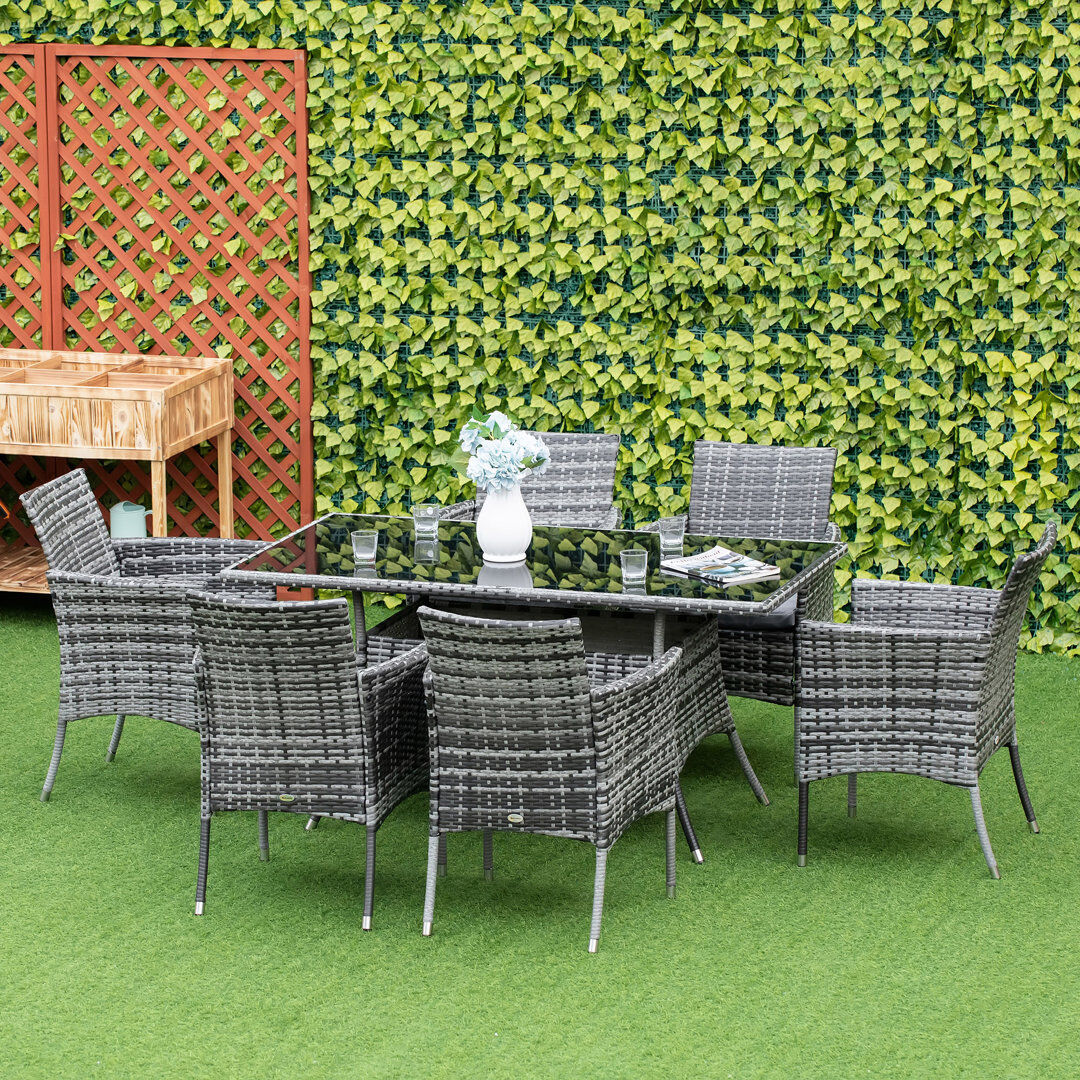Rosalind Wheeler Surrender 7-Piece Rattan Garden Furniture Dining Set 6 Seater Grey Gray 6