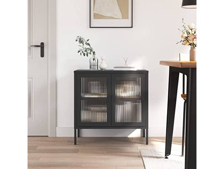 HEFZGDB Modernes Sideboard mit Glasfront und praktischem Stauraum, Sideboard mit Einlegeboden und Nivellierfüßen, mit Riffelglas und Stahlrahmen in Schwarz