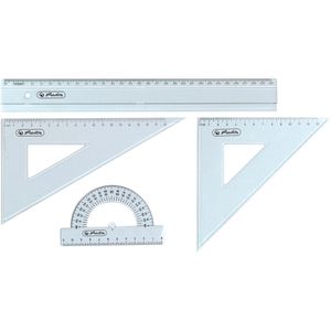 Herlitz Geometrie-Set 8700403, 4-teilig, Lineal, 2 Zeichendreiecke & Winkelmesser