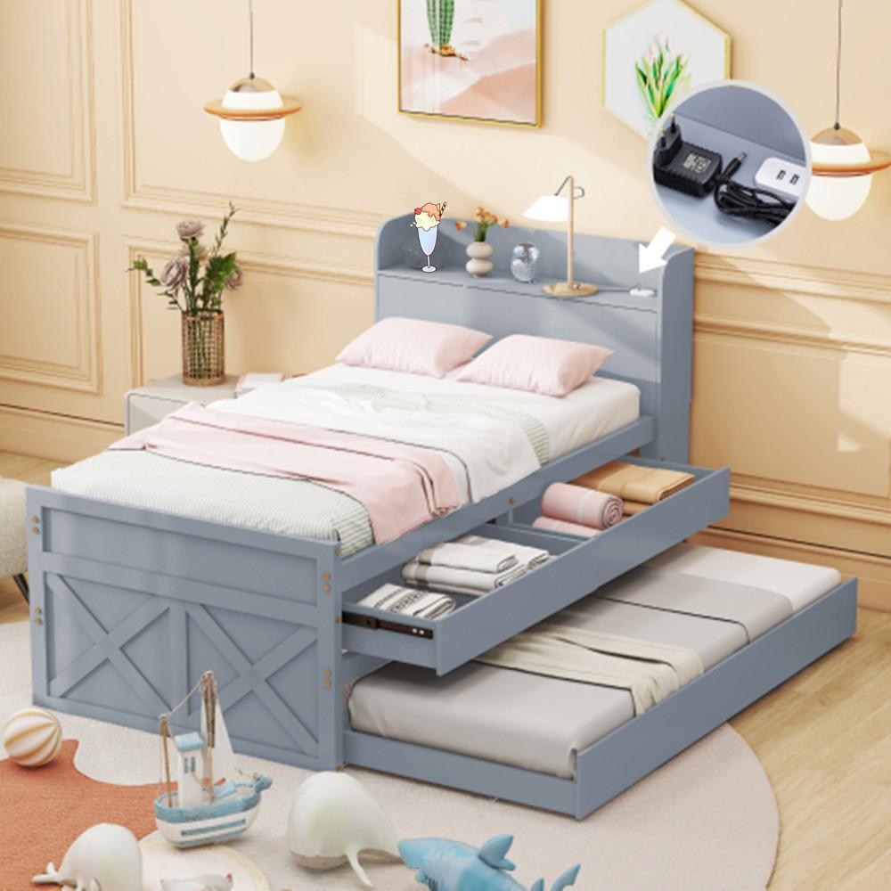 Kinderbett, Einzelbett,Multifunktionales mit ausziehbarer Schublade Lattenrost, Nachttisch mit Ablagen mit USB-Buchs 90x190
