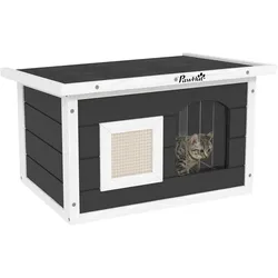 PawHut Katzenhaus Outdoor Katzenhöhle aus Holz, mit Kratzmatte, Türklappe, Grau