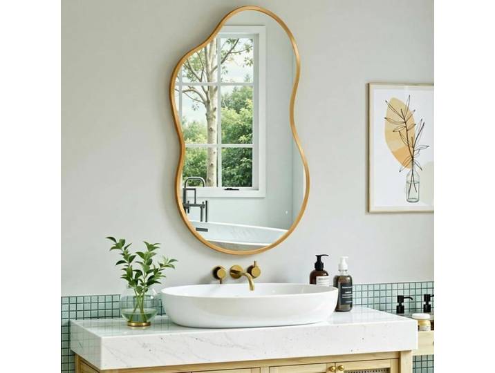 MAMIZO Miroir mural asymétrique 50 x 91 cm cadre aluminium doré verre trempé décoration salle de bain