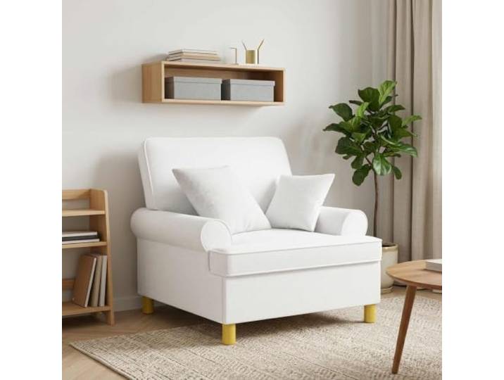 XL Sessel mit Kissen Weiß Stoff Polyesterbezug,Schaumstoffpolsterung,Kunststoffbeine,Holz-Metall-Rahmen,feuchtes Tuch zur Reinigung