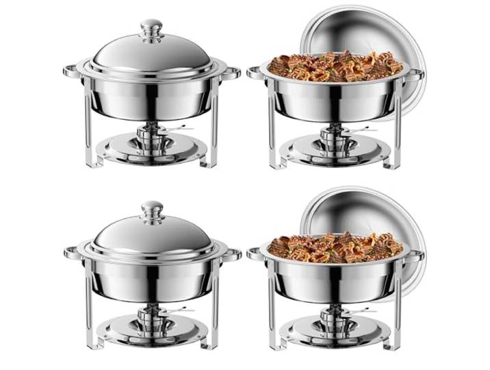 4PC Kochfeld Runde Chafing Geschirr Buffet Set,Edelstahl 6L Runde Buffet Server und Wärmer, Dicke Ständer Rahmen Catering Chafe mit Spiegelbeckungen, Lebensmittelwärmer für Party, Hochzeiten, Picknick