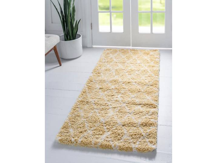 Hochflor-Teppich Temara Shag, LAGERRÄUMUNG , gelb (gelb, elfenbeinfarben), B:79cm H:51mm L:305cm, Polypropylen (PP), MYFLAIR MÖBEL & ACCESSOIRES, Teppiche, Hochflor-Teppich, gewebt, Rauten Design, weich & kuschelig