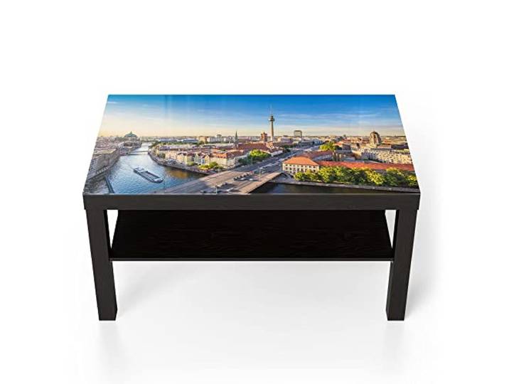 DEQORI Glastisch schwarz groß 90x50 cm Motiv Berlin aus der Luft ausgefallener Beistelltisch aus Glas Hochglanz Couchtisch fürs Wohnzimmer moderner Couch Tisch mit Design