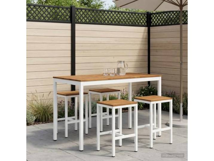 HGKMBRY Gartenbar-Tisch Akazie Natur Weiß 141 x 80,5 x 105 cm Massivholz, Stahlbeine, Bartisch und Esstisch, Outdoor, Robust, Pflegeleicht