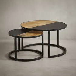 KADIMA DESIGN Runde Couchtische, 2er Set, Mango Massivholz/Steinoptik, Modernes Design
