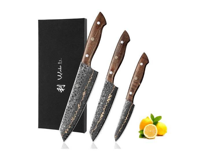 Wakoli Messer-Set 3 Damast Küchenmesser 9-18cm Klingen mit Kupfereinlage Ahornwurzelholz (Damastmesser-Set mit Geschenkbox, 3-tlg., 3er Damastmesser-Set), Damaststahl, VG10
