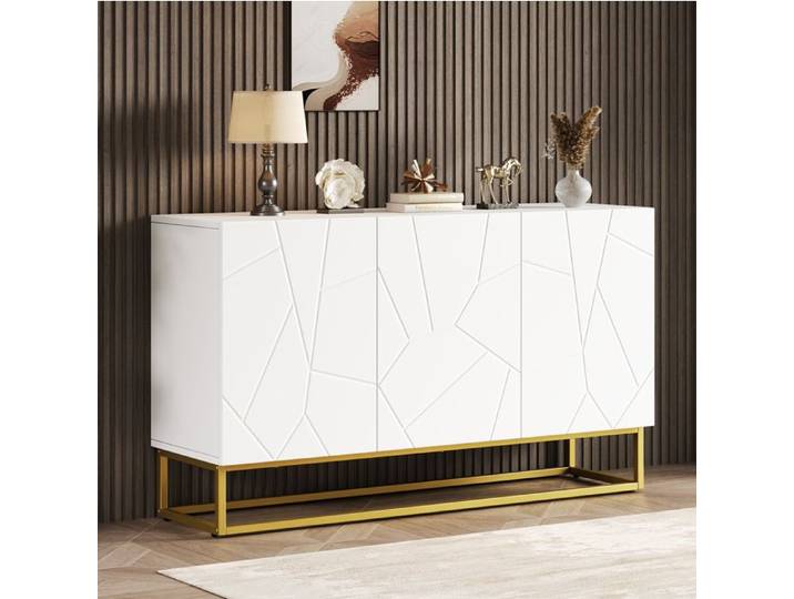 VUENOR Buffet 130 cm blanc brillant - portes rainurées rangement en 2 colis
