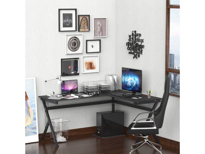 HOMCOM Bureau d'Angle Informatique Noir Bois et Acier 155x130