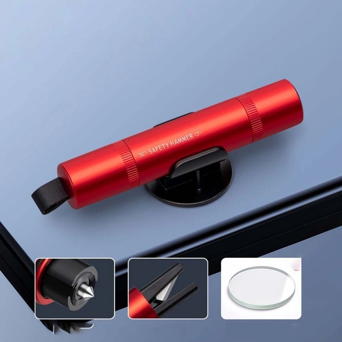 INF Auto-Fensterschläger-Set (Halter + Prüfglas) 2er-Pack — Aluminium-Notfallhammer mit Sitzgurtmesser, federbelastetem