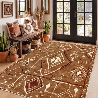 Lee Boho Moroccan Area Rug, Washable Non-Slip Geometric Farmhouse Carpet